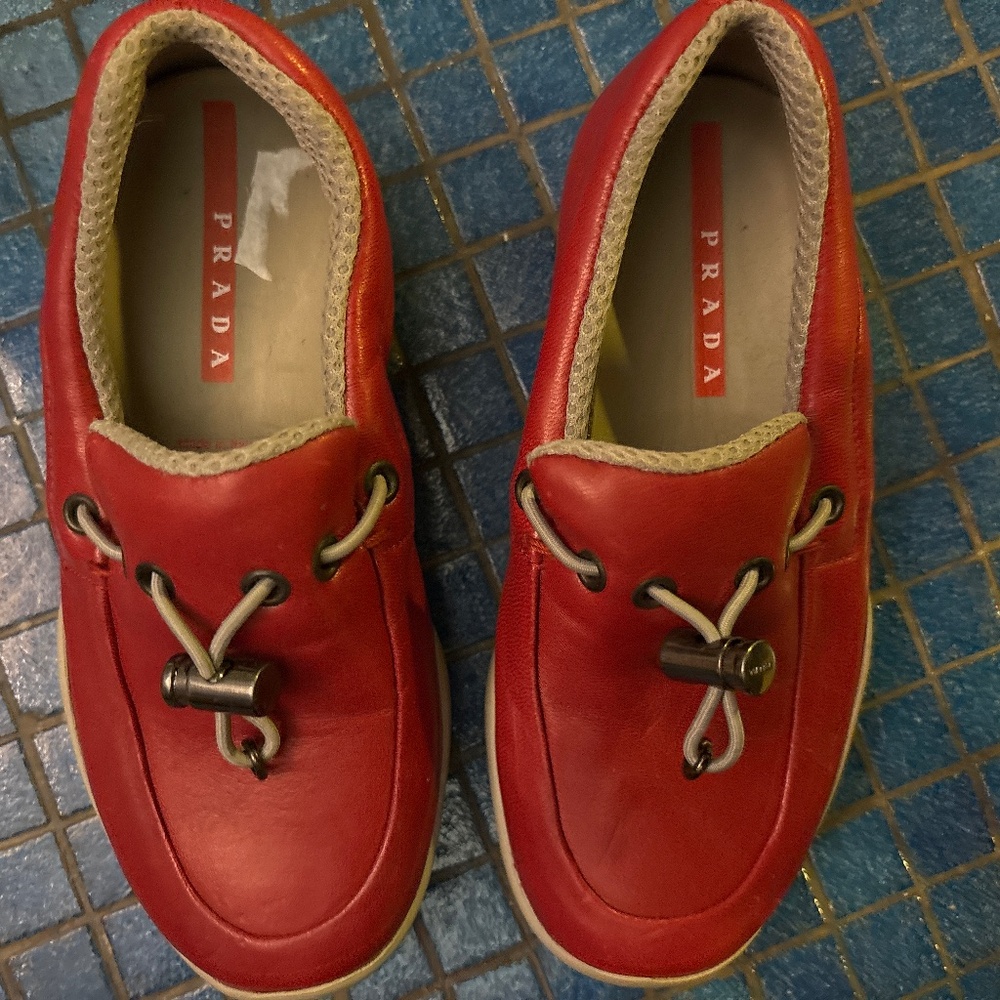 Prada new toddler red leather loafers